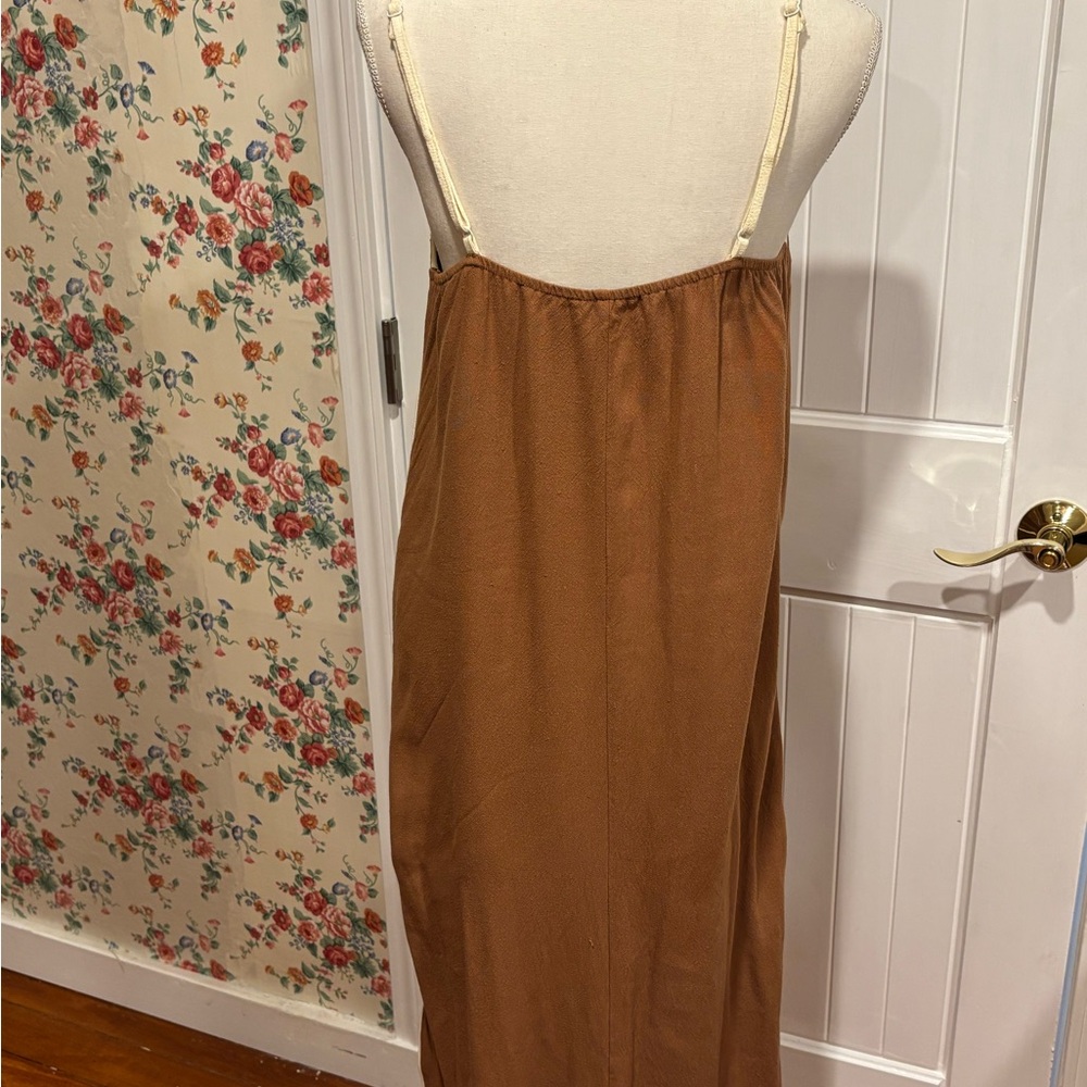 Brown Linen Blend Slip Dress Midi Minimalist Coastal Quiet Luxury Size M - Picture 6 of 11